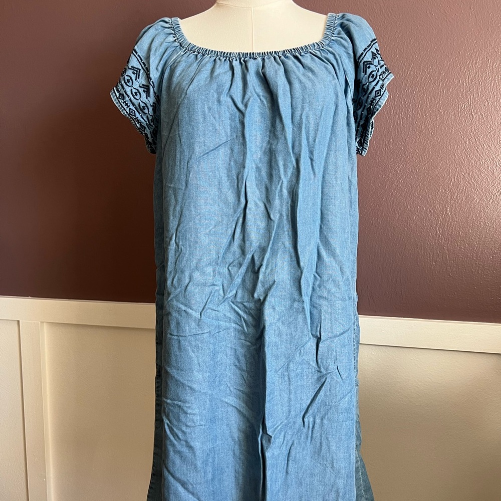Blue Off-Shoulder Chambray Dress